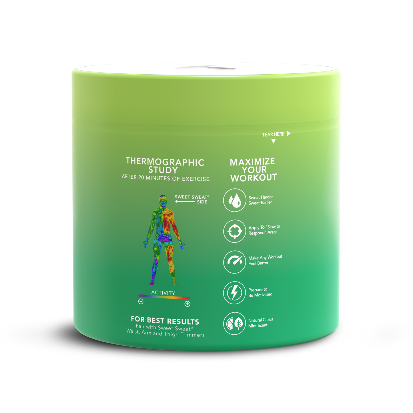 A Sweet Sweat® Jar Topical Gel 13.5 oz with a label on it.
