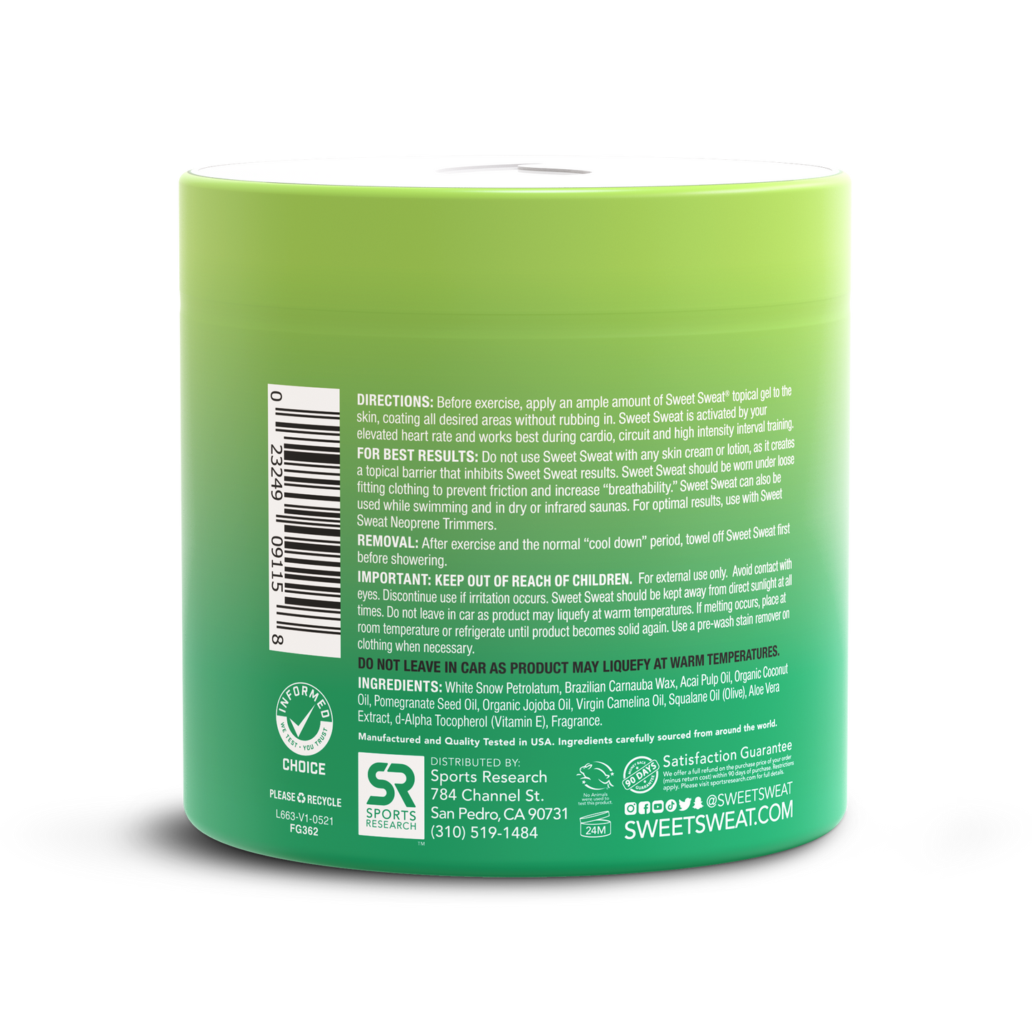 the back of a Sweet Sweat® Jar Topical Gel 13.5 oz with a label on it.