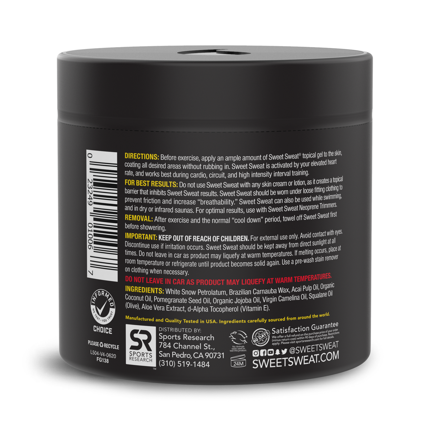 the back of a Sweet Sweat® Jar Topical Gel 13.5 oz with a label on it.