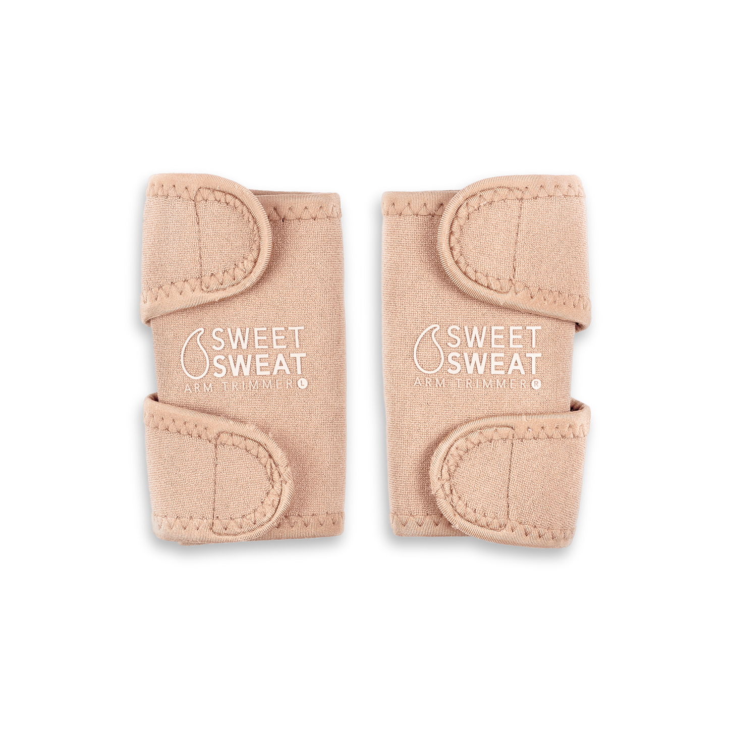 A pair of beige leggings with the brand name Sports Research and the product name Sweet Sweat® Toned Arm Trimmers 2PK on them.