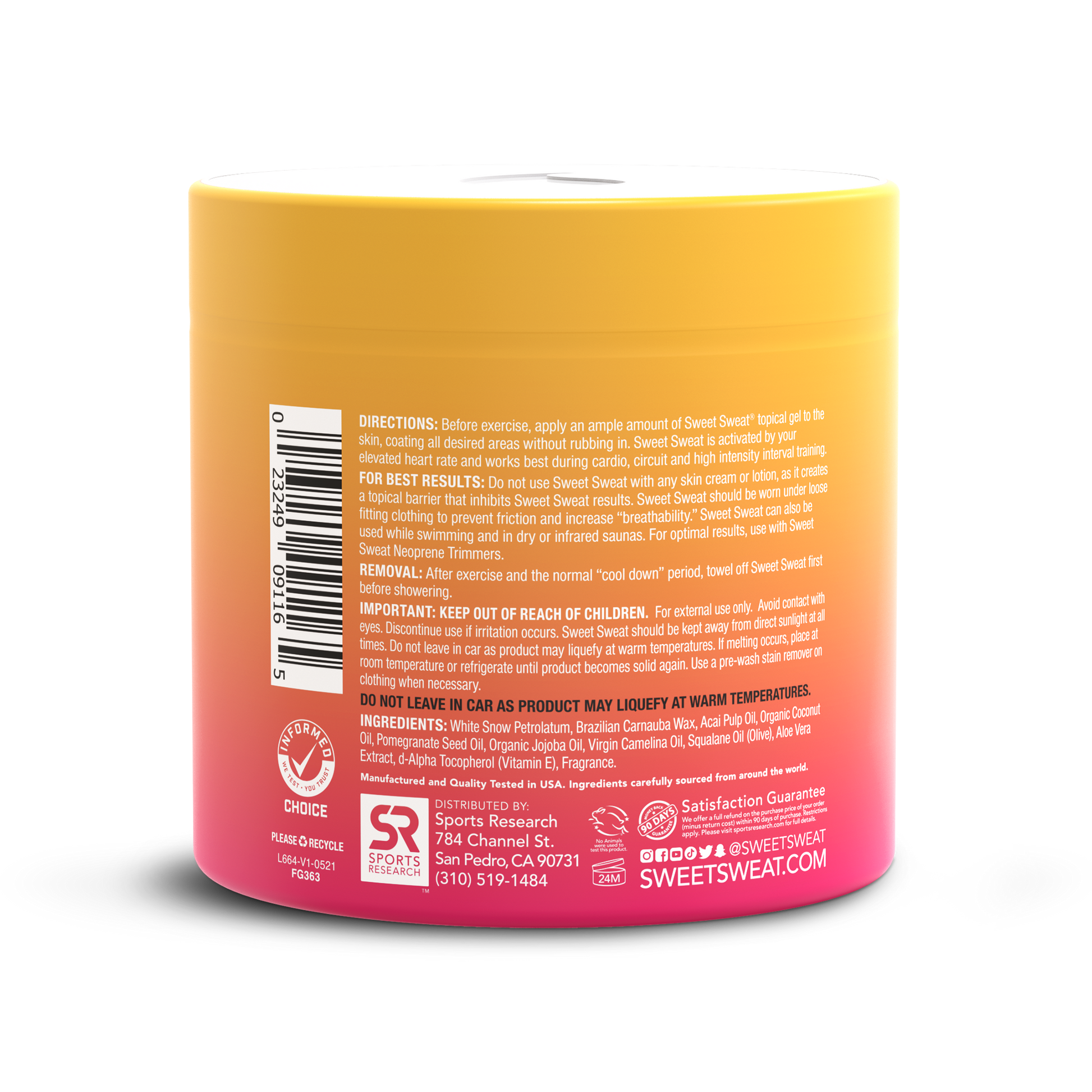 the back of a Sweet Sweat® Jar Topical Gel 13.5 oz with a pink and orange label.