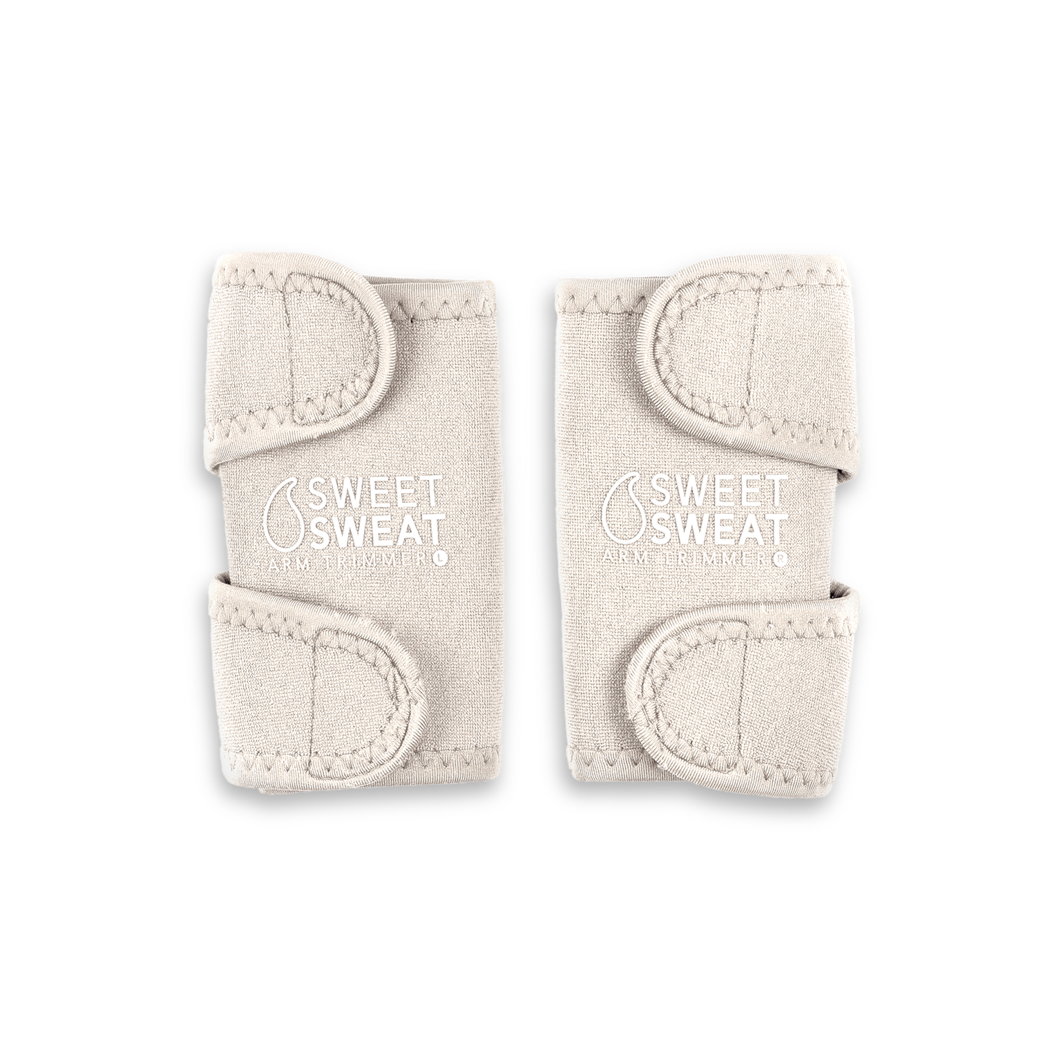 a pair of beige Sweet Sweat® Toned Arm Trimmers 2PK leggings with the word sweet comedy on them by Sports Research.