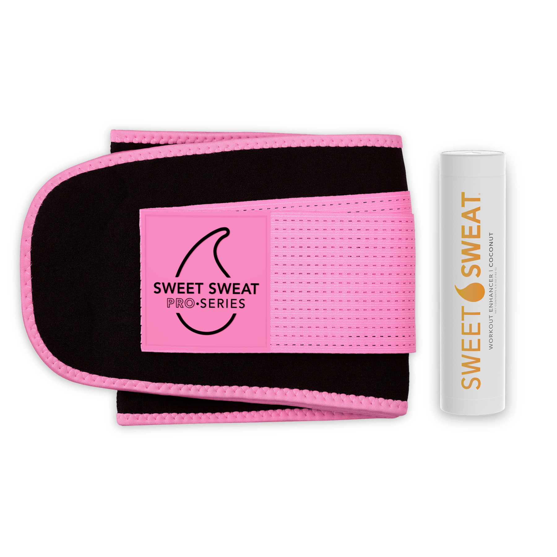 a pink and white Sweet Sweat® Pro Series Waist Trimmer Bundle with Sweet Sweat® Stick wristband.