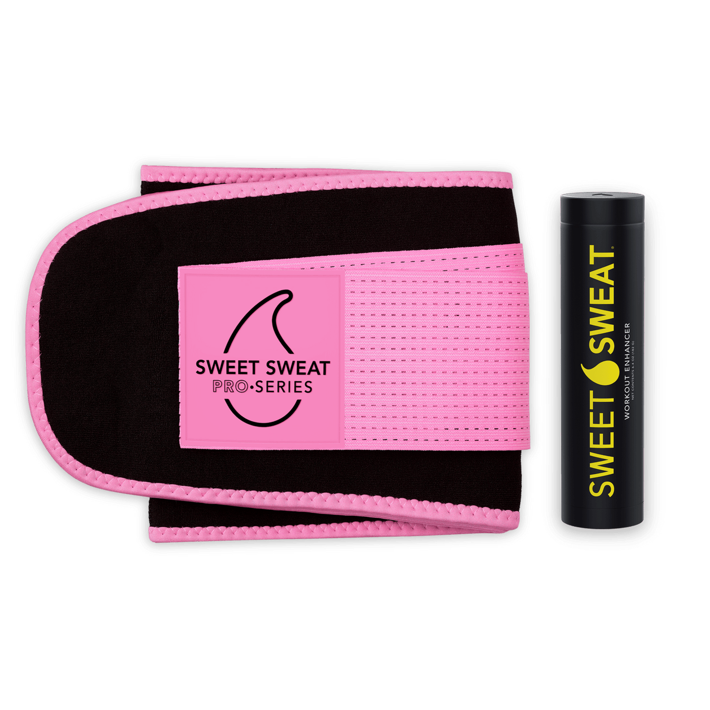 a pink and black Sweet Sweat® Pro Series Waist Trimmer Bundle wristband with the words Sweet Sweat® Stick on it.
