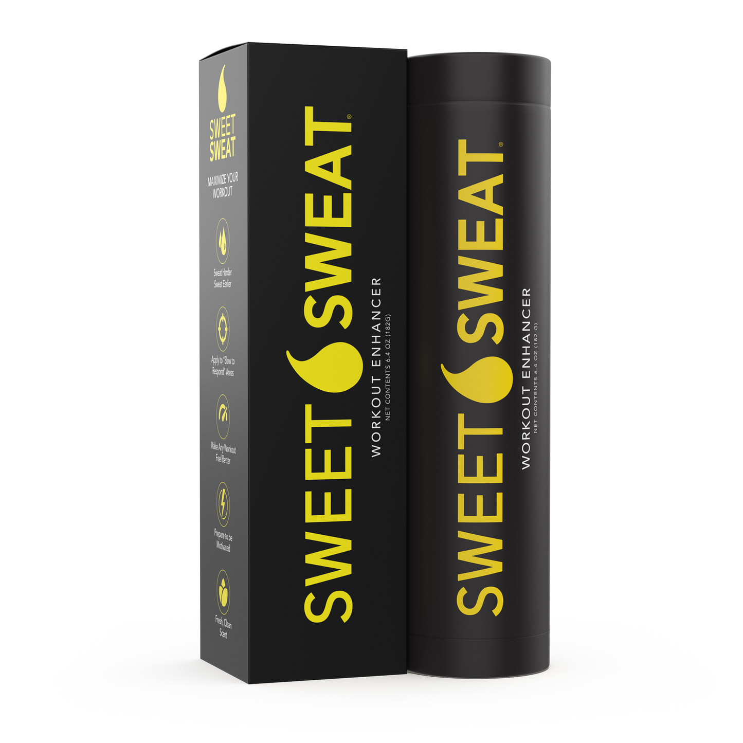 a box of Sweet Sweat® Stick 6.4 oz - Original with a yellow label on it.