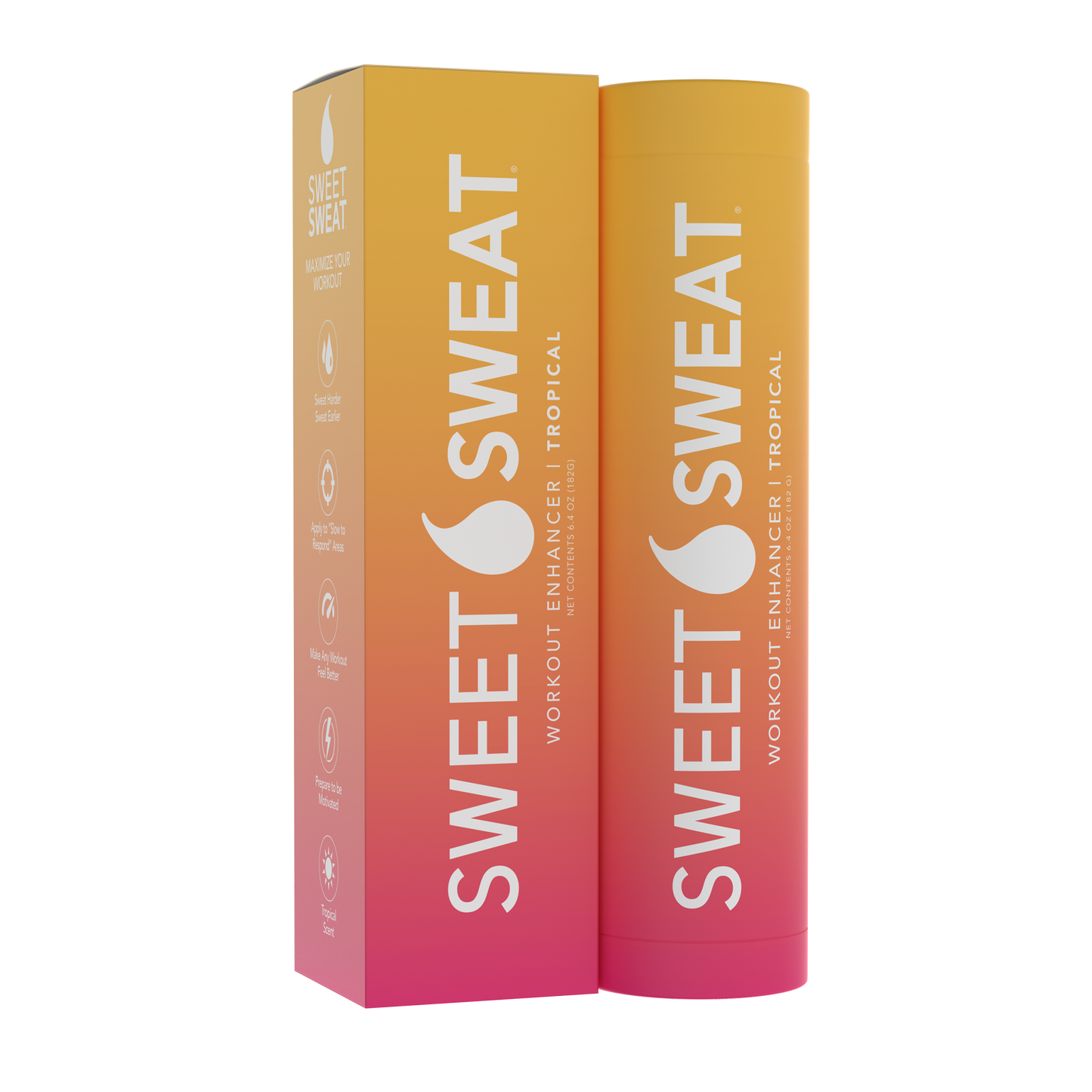 a box of Sweet Sweat® Stick 6.4 oz - Tropical with a pink and orange design.