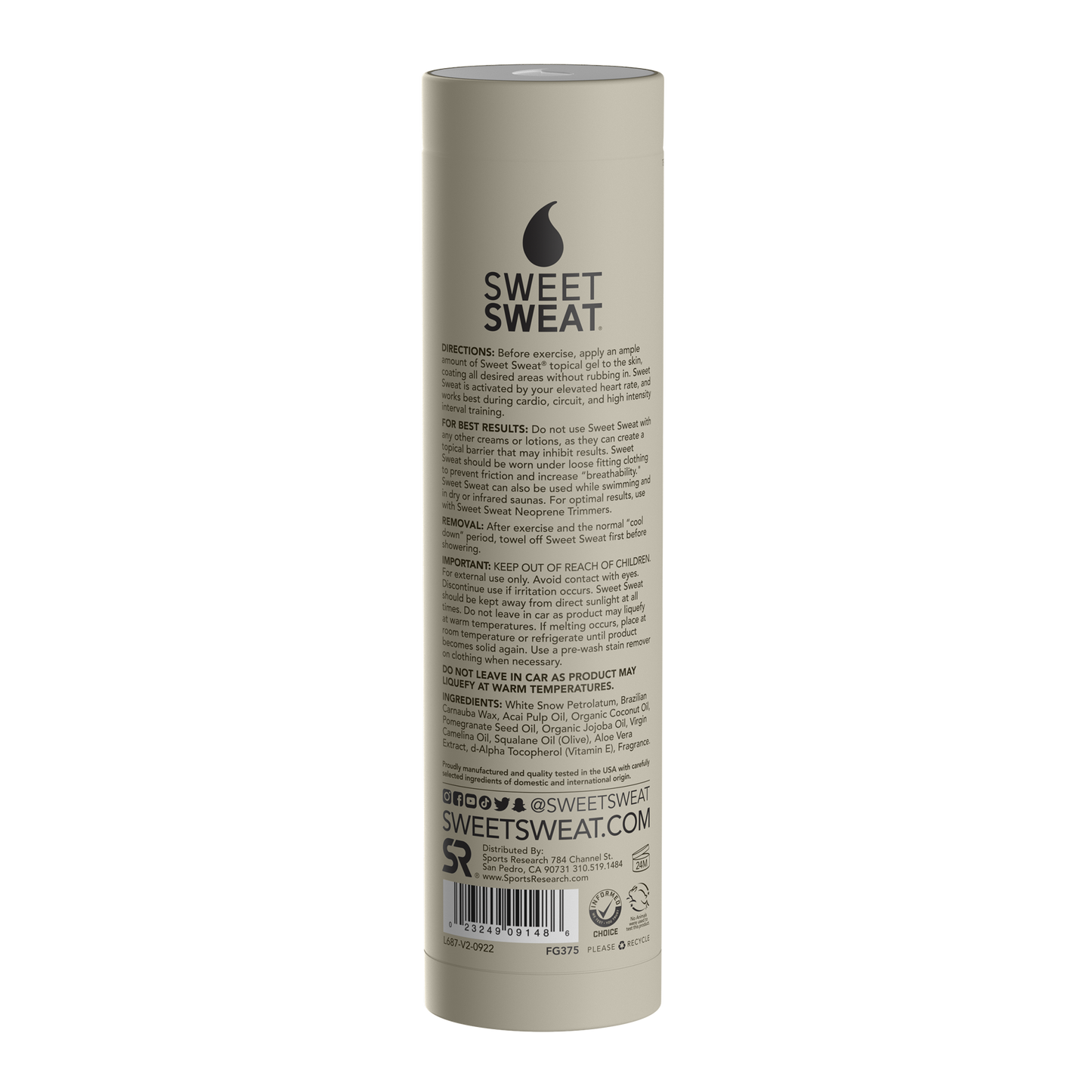 the back of a tube of Sweet Sweat® Stick 6.4 oz - Vanilla on a white background.