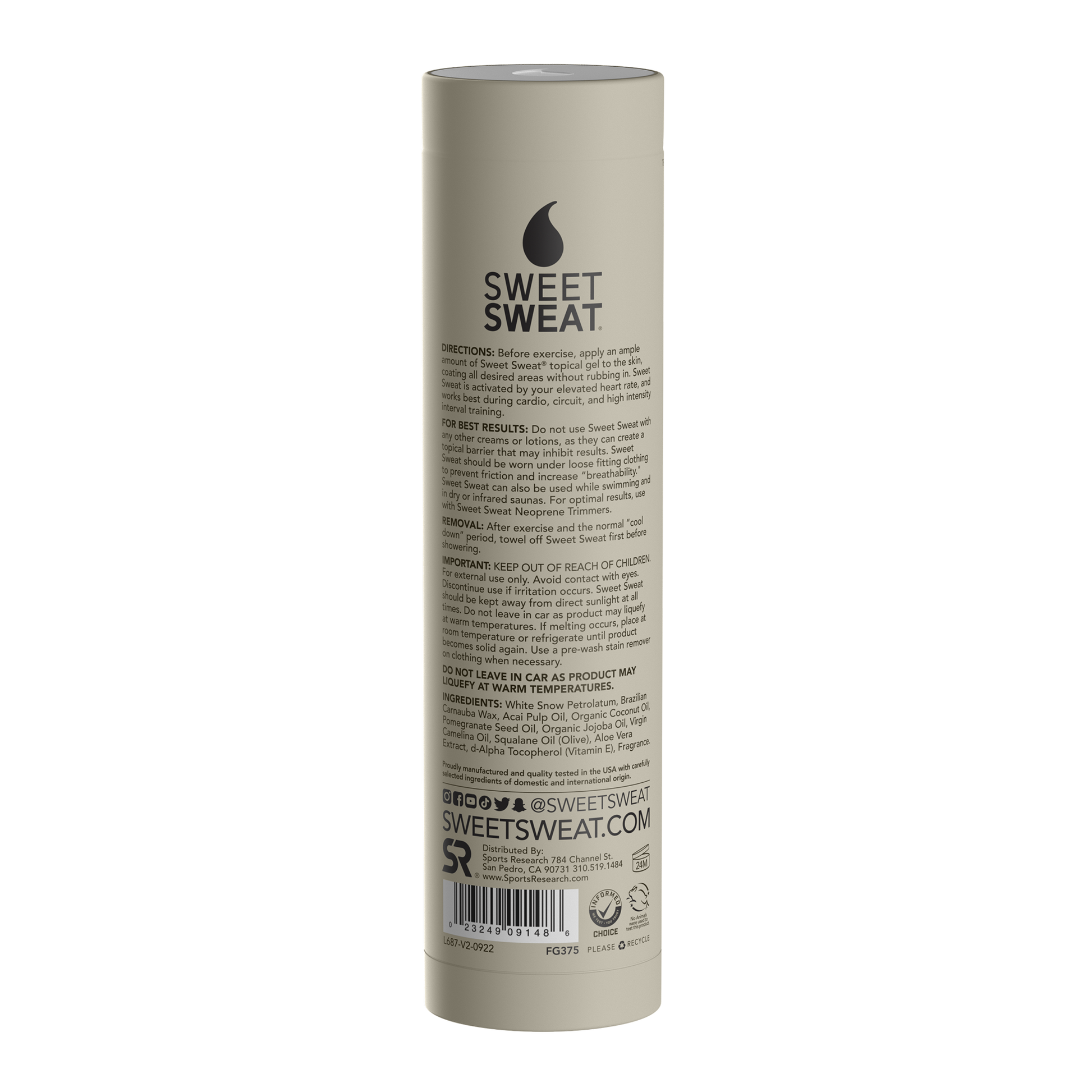 the back of a tube of Sweet Sweat® Stick 6.4 oz - Vanilla on a white background.