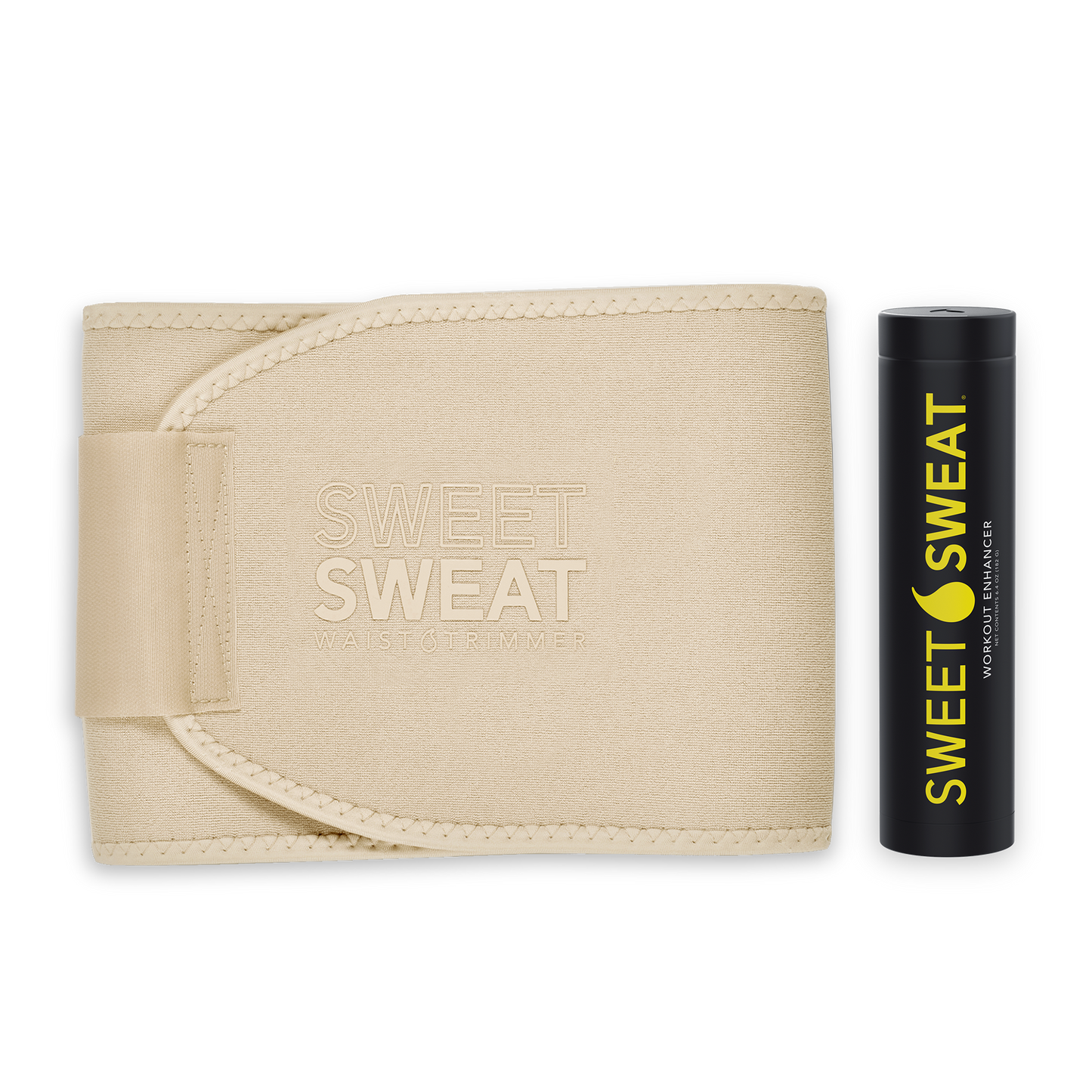 a beige belt with the words Sweet Sweat Toned Bundle with Trimmer & Sweet Sweat Stick by Sweet Sweat on it.
