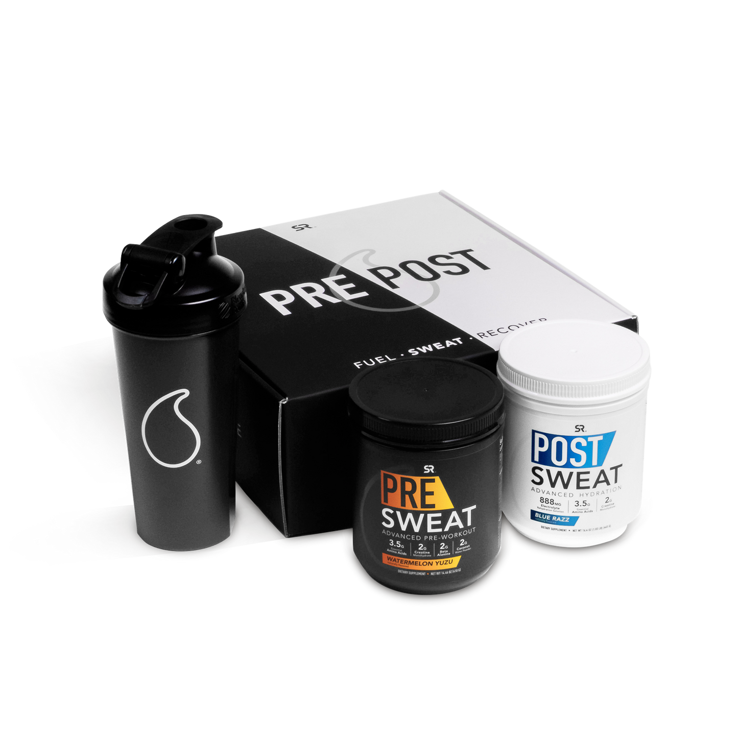 Sports Research® Pre & Post Sweat Bundle, tub of Sports Research® Pre Sweat Watermelon Yuzu flavored pre-workout powder, tub of Sports Research® Post Sweat Blue Razz flavored advanced hydration powder, and a Sweet Sweat® shaker cup all in a special box.