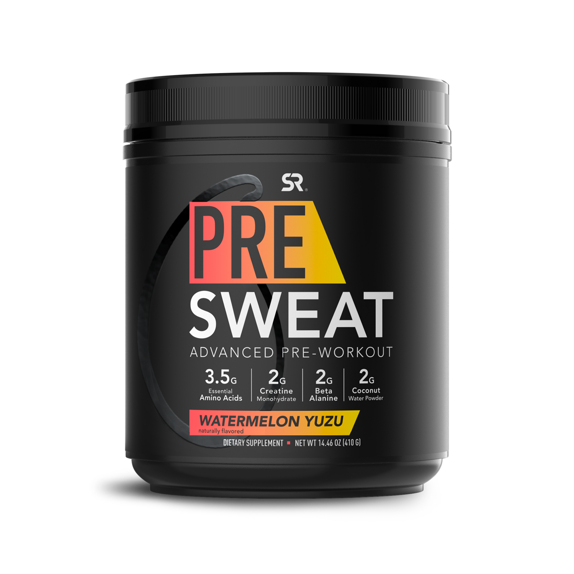 Tub of Sports Research® Pre Sweat pre-workout powder, watermelon yuzu flavored.