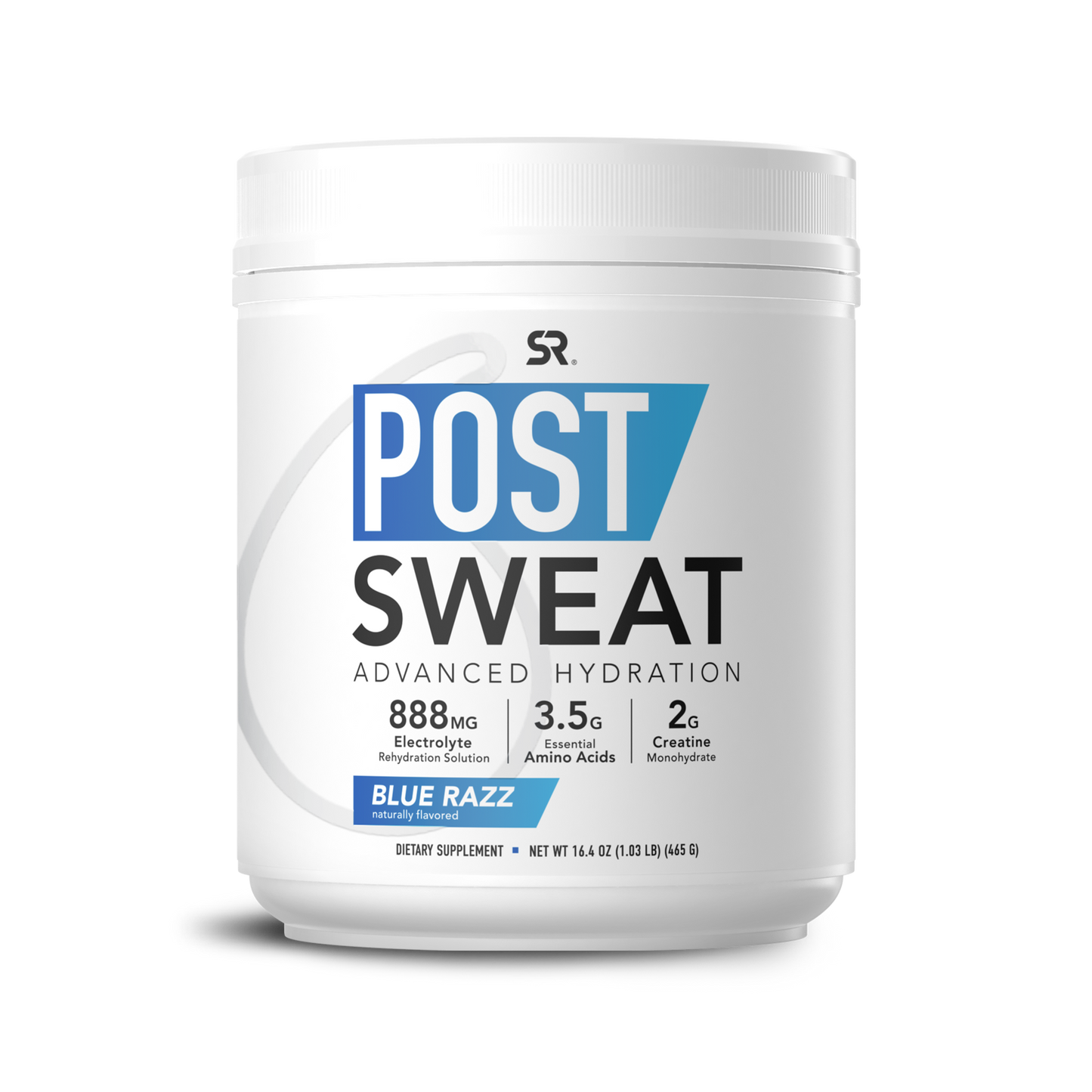 Tub of Sports Research® Post Sweat Advanced Hydration powder, Blue Razz flavored.